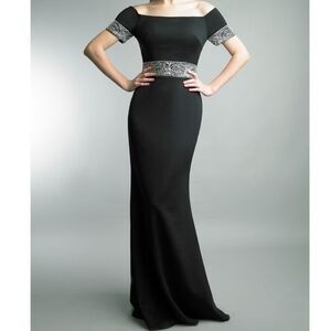 BASIX Black Label Short Sleeve Off Shoulder Crystal Embellished Gown Black Sz 16